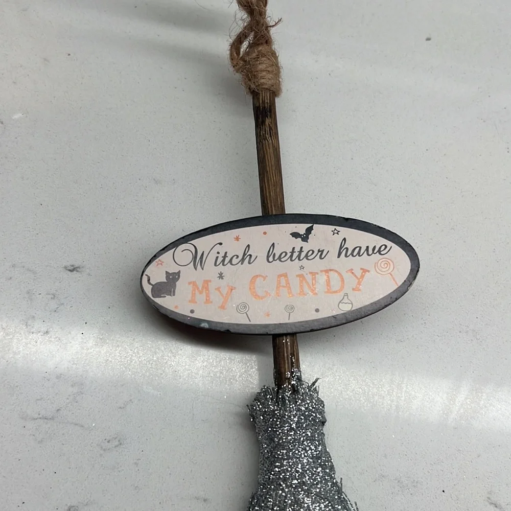 Glittery Witches Broom 11‎ inch Tabletop Halloween Decor Green and Silver
